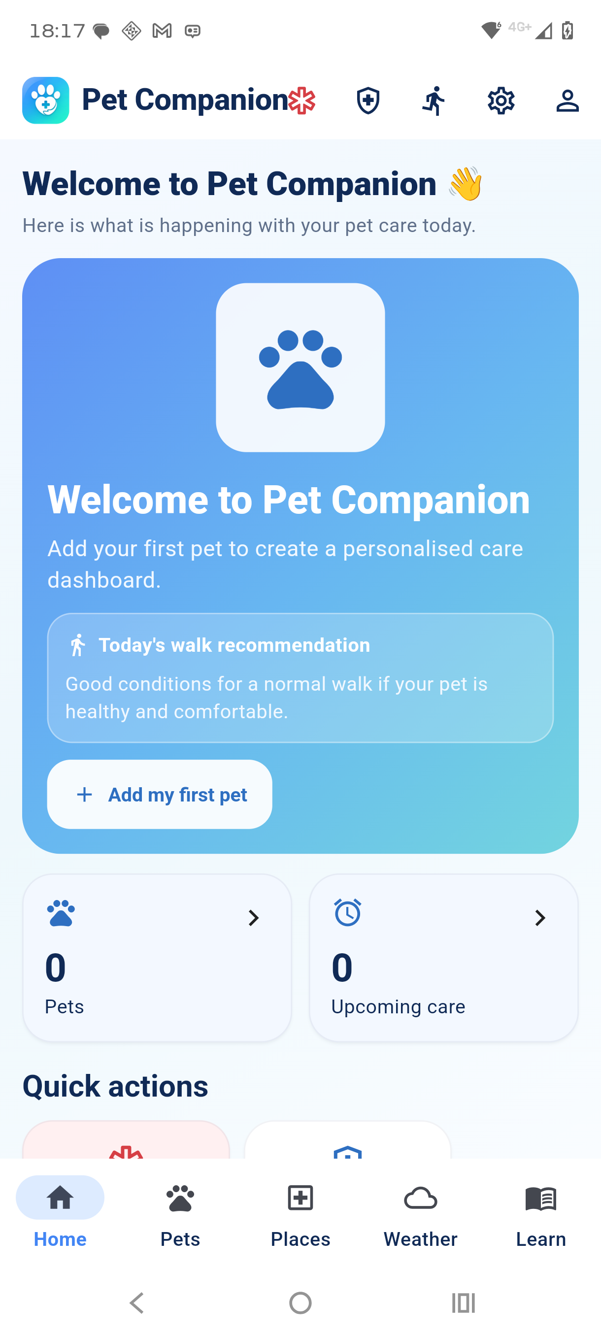 PetCom home screen showing a care dashboard and walk recommendation
