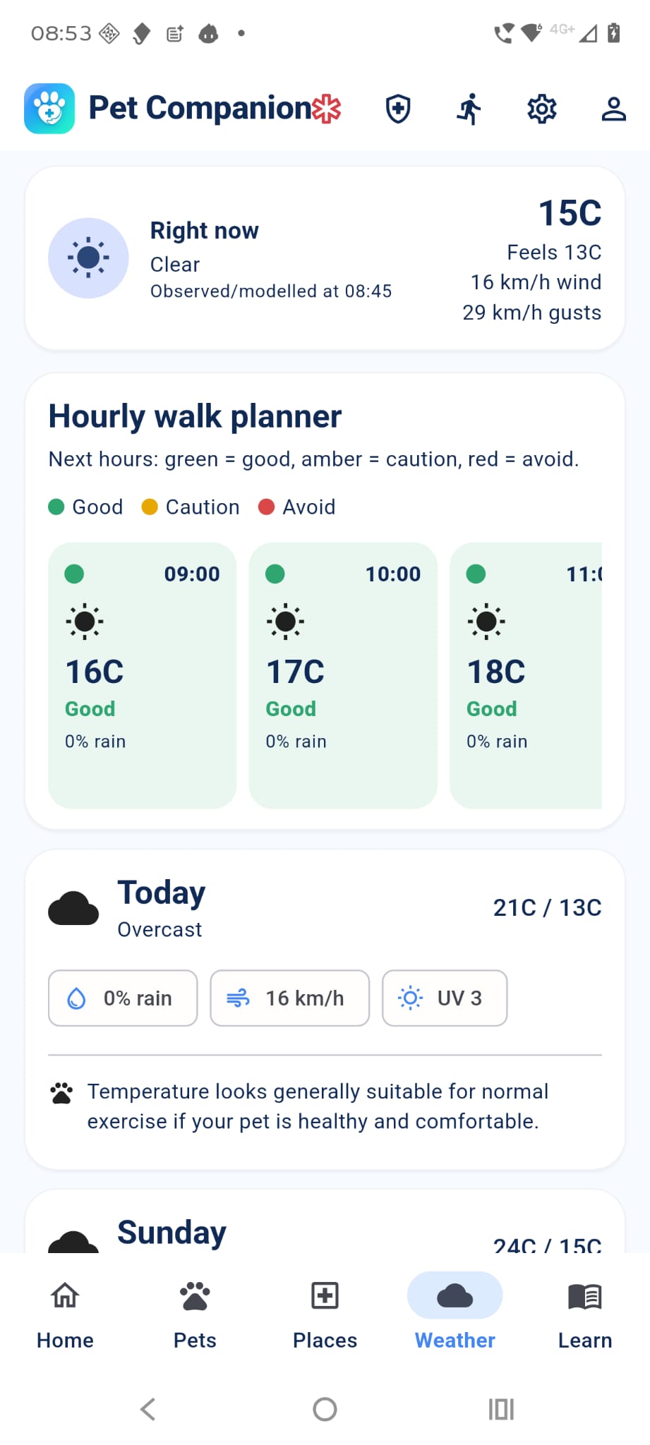 PetCom weather and hourly walk planner screen